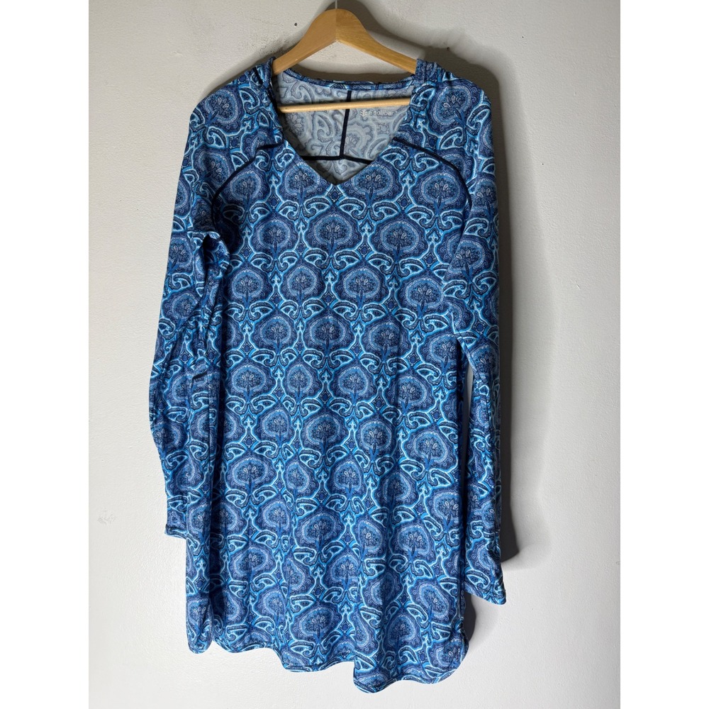 Coolibar long sleeve hooded shift dress blue paisley‎ large